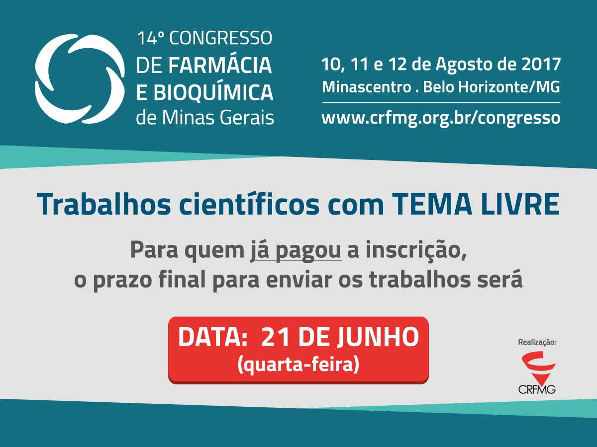 Inscrição de trabalhos científicos, com TEMA LIVRE, para o 14º Congresso de Farmácia e Bioquímica
